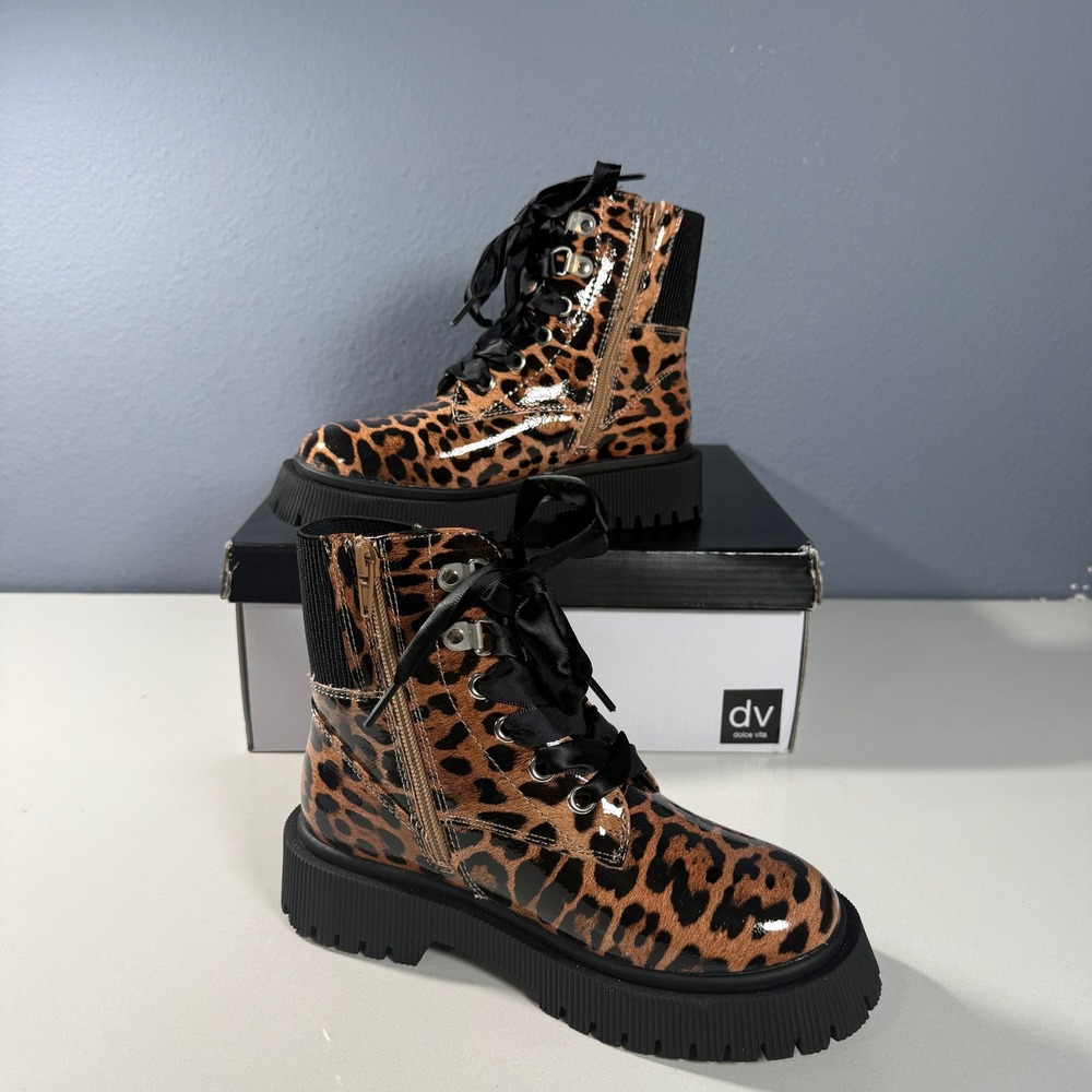 DV Dolce Vita Chrystal Leopard Print Patent Lug‎ Sole Combat Boots Kids Size 4